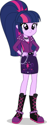 Size: 1870x5000 | Tagged: safe, artist:xebck, imported from derpibooru, twilight sparkle, equestria girls, absurd resolution, alternate hairstyle, alternate universe, boots, clothes, collar, cutie mark, cutie mark clothes, cutie mark hair accessory, cutie mark on clothes, female, jacket, ponytail, role reversal, simple background, solo, spikes, transparent background, vector