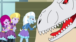 Size: 1023x570 | Tagged: safe, artist:avispaneitor, imported from derpibooru, fuchsia blush, lavender lace, trixie, equestria girls, rainbow rocks, background human, crossover, female, indominus rex, jurassic park, jurassic world, this can only end well, trixie and the illusions