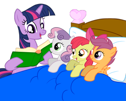 Size: 3003x2410 | Tagged: safe, artist:kwark85, imported from derpibooru, apple bloom, scootaloo, sweetie belle, twilight sparkle, earth pony, pegasus, pony, unicorn, bed, bedtime story, book, cute, cutie mark crusaders, female, filly, foal, mare, reading, simple background, transparent background, unicorn twilight, vector