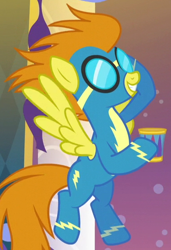 Size: 380x555 | Tagged: safe, imported from derpibooru, screencap, blaze, rarity investigates, cup, solo, wonderbolts uniform