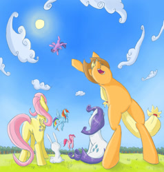 Size: 1047x1100 | Tagged: safe, artist:bgf, imported from derpibooru, angel bunny, applejack, fluttershy, pinkie pie, rainbow dash, rarity, twilight sparkle, alicorn, pony, cloud, female, funny, grass, laughing, low angle, mane six, mare, shock, sky, twilight sparkle (alicorn), vertigo