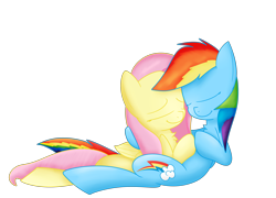 Size: 1280x923 | Tagged: safe, artist:mr-degration, imported from derpibooru, fluttershy, rainbow dash, cuddling, female, flutterdash, lesbian, shipping, simple background, snuggling, transparent background