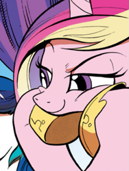 Size: 437x581 | Tagged: safe, artist:andypriceart, idw, imported from derpibooru, princess cadance, alicorn, pony, bedroom eyes, cheeks, clothes, comic, flirting, hooves, hooves on face, hooves up, like what you see?, looking down, raised eyebrow, regalia, shoes, smiling, smirk, smug, squishy, squishy cheeks