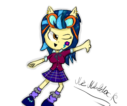 Size: 1024x854 | Tagged: safe, artist:mildockart, imported from derpibooru, indigo zap, equestria girls, friendship games, chibi, clothes, crystal prep academy, crystal prep academy uniform, cute, cutie mark, cutie mark on equestria girl, doll, earring, equestria girls minis, female, goggles, piercing, pony ears, school uniform, signature, skirt, solo, thumbs down, toy, wink, zapabetes