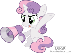 Size: 1024x763 | Tagged: dead source, safe, artist:du-sk, imported from derpibooru, sweetie belle, commission, cute, female, megaphone, simple background, solo, transparent background, vector, yelling