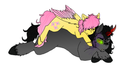 Size: 1024x558 | Tagged: safe, artist:slendercats, imported from derpibooru, fluttershy, king sombra, pegasus, pony, unicorn, colored horn, colored wings, curved horn, female, horn, male, mare, multicolored wings, one eye closed, shipping, simple background, sleeping, sombra eyes, sombra horn, sombra's horn, sombrashy, stallion, straight, transparent background, wings