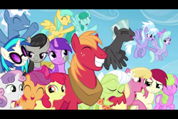 Size: 960x640 | Tagged: safe, imported from derpibooru, screencap, amethyst star, apple bloom, big macintosh, cloudchaser, daisy, dj pon-3, flitter, flower wishes, granny smith, lily, lily valley, octavia melody, pokey pierce, roseluck, scootaloo, sparkler, spring melody, sprinkle medley, sunshower raindrops, sweetie belle, thunderlane, vinyl scratch, earth pony, pony, the cutie re-mark, cutie mark crusaders, male, stallion