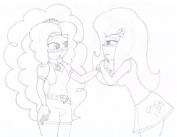 Size: 1024x792 | Tagged: safe, artist:thewanderer93, imported from derpibooru, adagio dazzle, fluttershy, equestria girls, rainbow rocks, adagioshy, bedroom eyes, black and white, blushing, female, flutterdagio, grayscale, holding hands, lesbian, looking at each other, monochrome, open mouth, shipping, simple background, traditional art, white background