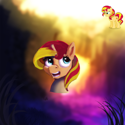 Size: 2000x2000 | Tagged: safe, artist:hierozaki, imported from derpibooru, sunset shimmer, pony, unicorn, equestria girls, abstract background, bust, female, portrait, reference sheet, smiling, solo, wip