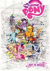 Size: 1024x1445 | Tagged: safe, artist:andypriceart, idw, imported from derpibooru, applejack, fluttershy, pinkie pie, rainbow dash, rarity, spike, twilight sparkle, album cover, art is magic, coloring, cover, cute, drawing, frown, glare, grumpy, highlander, hoof hold, joe kubert, licking, licking lips, looking at you, magic, mane seven, mane six, mouth hold, movie poster, movie reference, music reference, my little pony logo, open mouth, prone, raised eyebrow, sitting, skull, sleeping, smiling, star trek, telekinesis, the rolling stones, tongue out, typewriter, unamused, z