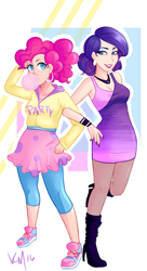 Size: 900x1654 | Tagged: safe, artist:emberfan11, imported from derpibooru, pinkie pie, rarity, human, alternate hairstyle, bubblegum, clothes, female, food, gum, humanized, lesbian, raripie, shipping