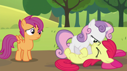 Size: 1280x720 | Tagged: safe, imported from derpibooru, screencap, apple bloom, scootaloo, sweetie belle, brotherhooves social, cutie mark crusaders, out of context