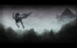 Size: 2550x1590 | Tagged: safe, artist:ventious, imported from derpibooru, princess luna, alicorn, pony, canterlot, female, flying, forest, mare, rain, scenery, solo, wings