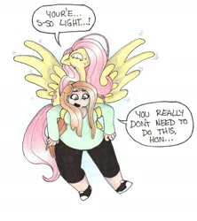 Size: 1731x1951 | Tagged: safe, artist:depressedcomedian, imported from derpibooru, fluttershy, oc, oc:femanon, human, canon x oc, carrying, female, flying, lesbian, self insert, shipping, sky, traditional art, waifu