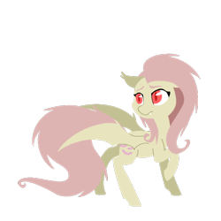 Size: 600x600 | Tagged: safe, artist:breadcipher, imported from derpibooru, fluttershy, bat pony, pony, fangs, female, flat colors, flutterbat, lineless, looking back, raised hoof, red eyes, simple background, solo, spread wings, transparent background