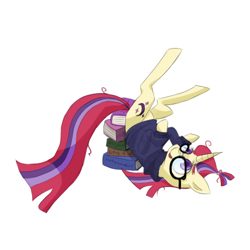 Size: 500x500 | Tagged: safe, artist:breadcipher, imported from derpibooru, moondancer, pony, book, clothes, eyebrows, female, glasses, looking up, on back, raised hoof, simple background, solo, sweater, transparent background, white background