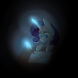 Size: 600x600 | Tagged: safe, artist:breadcipher, imported from derpibooru, rarity, drawing, dressmaking, female, glowing horn, levitation, magic, pencil, solo, telekinesis