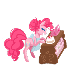 Size: 800x800 | Tagged: safe, artist:breadcipher, imported from derpibooru, pinkie pie, pony, apron, bipedal, bipedal leaning, cake, cash register, clothes, cute, diapinkes, eyes closed, female, food, leaning, lineless, open mouth, plate, simple background, smiling, solo, sugarcube corner, transparent background