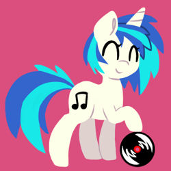 Size: 390x390 | Tagged: safe, artist:breadcipher, imported from derpibooru, dj pon-3, vinyl scratch, eyes closed, female, lineless, missing accessory, pink background, record, simple background, smiling, solo