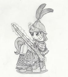 Size: 842x949 | Tagged: safe, artist:sensko, imported from derpibooru, pony, unicorn, armor, clothes, grayscale, gun, helmet, military, monochrome, musket, pencil drawing, simple background, sketch, soldier, solo, traditional art, twilight's royal guard, uniform, weapon, white background