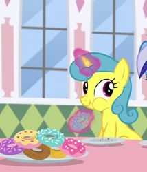 Size: 616x720 | Tagged: safe, imported from derpibooru, screencap, lemon hearts, minuette, pony, amending fences, bread, donut, female, food, scrunchy face, solo