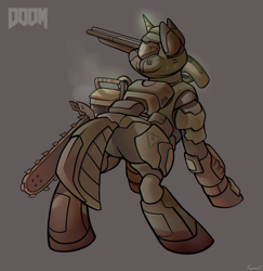 Size: 900x926 | Tagged: safe, artist:whitepone, imported from derpibooru, pony, armor, chainsaw, doom, doom 2016, doom guy, doom slayer, doomcolt, doomguy, gun, male, ponified, power armor, praetor suit, rule 85, shotgun, solo, stallion, video game, weapon