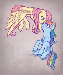 Size: 1133x1356 | Tagged: safe, artist:gem-magic, imported from derpibooru, fluttershy, rainbow dash, boop, female, floating, flutterdash, lesbian, looking at each other, noseboop, shipping, simple background, sitting, spread wings