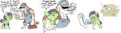 Size: 2278x634 | Tagged: safe, artist:nobody, imported from derpibooru, oc, oc only, oc:filly anon, diamond dog, bait and switch, bill, comic, dialogue, female, filly, plumber, simple background, toilet