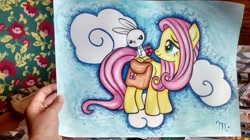 Size: 1024x575 | Tagged: safe, artist:dinseyfreak, imported from derpibooru, angel bunny, fluttershy, duo, saddle bag, traditional art