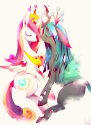 Size: 900x1246 | Tagged: safe, artist:kolshica, imported from derpibooru, princess cadance, queen chrysalis, alicorn, changeling, changeling queen, cadalis, eyes closed, female, horns are touching, lesbian, shipping, smiling