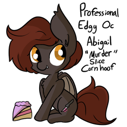 Size: 792x792 | Tagged: safe, artist:tjpones, imported from derpibooru, oc, oc only, oc:murder slice, bat pony, pony, cake, cheek fluff, chest fluff, cute, cute little edge muffin, edgy, fangs, female, fluffy, food, looking back, mare, murder, raised hoof, simple background, sitting, smiling, solo, white background