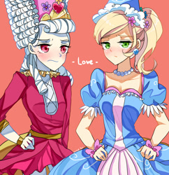 Size: 677x700 | Tagged: safe, artist:leab-lb, imported from derpibooru, applejack, rainbow dash, human, look before you sleep, swarm of the century, appledash, blushing, clothes, dress, duchess, female, hennin, humanized, jewelry, lesbian, outfit, pixiv, princess, princess applejack, shipping, tiara, too frilly