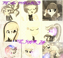 Size: 480x444 | Tagged: safe, artist:mlp_sugar_zap, artist:xebck, imported from derpibooru, applejack, fluttershy, indigo zap, rainbow dash, rarity, sugarcoat, sunset shimmer, equestria girls, friendship games, crystal prep shadowbolts, headphones, monochrome, star butterfly, star vs the forces of evil, wondercolts