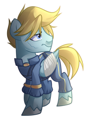 Size: 1516x2040 | Tagged: safe, artist:drawntildawn, imported from derpibooru, oc, oc only, oc:chiral mane, pegasus, pony, alternate timeline, bandage, crystal war timeline, fallout, solo, war