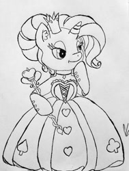 Size: 485x643 | Tagged: safe, artist:gingerthefox, imported from derpibooru, rarity, pony, alice in wonderland, bipedal, clothes, cosplay, costume, female, monochrome, queen of hearts, solo