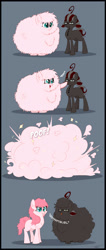 Size: 1700x4000 | Tagged: safe, artist:pimander1446, imported from derpibooru, oc, oc only, oc:fluffle puff, oc:squeaky pitch, bloodshot eyes, boop, comic, poof, role reversal, scrunchy face, smiling