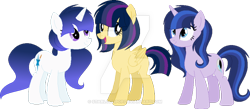 Size: 800x348 | Tagged: safe, artist:t-aroutachiikun, imported from derpibooru, oc, oc only, oc:afternoon glow, oc:eclipse shine, oc:pulsar sketch, offspring, parent:flash sentry, parent:twilight sparkle, parents:flashlight, sisters, watermark