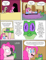 Size: 1024x1322 | Tagged: safe, artist:average-00, imported from derpibooru, gummy, mayor mare, pinkie pie, comic:opposites, comic, licking, tongue out