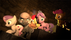 Size: 1920x1080 | Tagged: safe, artist:powdan, imported from derpibooru, apple bloom, diamond tiara, scootaloo, silver spoon, sweetie belle, 3d, confident, cutie mark, cutie mark crusaders, exploring, gmod, scared, stairs, the cmc's cutie marks