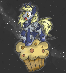 Size: 900x986 | Tagged: safe, artist:flutterthrash, imported from derpibooru, derpy hooves, princess luna, pony, clothes, cosplay, costume, female, food, muffin, princess derpy, solo, space, stars, that pony sure does love muffins