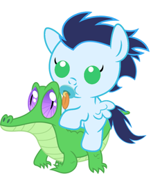 Size: 886x1017 | Tagged: safe, artist:red4567, imported from derpibooru, gummy, soarin', pony, baby, baby pony, cute, pacifier, ponies riding gators, recolor, riding, soarin riding gummy, soarinbetes, weapons-grade cute