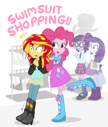 Size: 920x1080 | Tagged: safe, artist:dm29, imported from derpibooru, pinkie pie, rarity, sci-twi, sunset shimmer, twilight sparkle, equestria girls, friendship games, balloon, boots, clothes, crystal prep academy, high heel boots, shopping, skirt