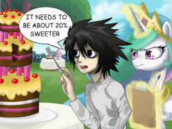 Size: 1600x1200 | Tagged: safe, artist:zorbitas, imported from derpibooru, princess celestia, alicorn, human, pony, 20% cooler, annoyed, cake, cakelestia, clipboard, crossover, death note, food, fork, frown, glare, l, l lawliet, magic, open mouth, telekinesis