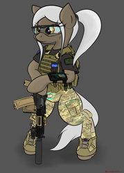 Size: 2706x3775 | Tagged: safe, artist:orang111, imported from derpibooru, oc, oc only, oc:lynn, pony, ak-74, ak-74m, assault rifle, bipedal, goggles, gun, holographic sight, hud, magpul, picatinny rail, rifle, solo, suppressor, weapon