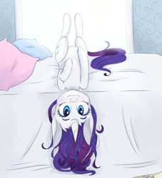 Size: 2000x2200 | Tagged: safe, artist:silbersternenlicht, imported from derpibooru, rarity, pony, bed, blushing, female, solo, upside down