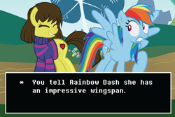 Size: 1024x684 | Tagged: safe, artist:radiantrealm, imported from derpibooru, rainbow dash, earth pony, pegasus, pony, crossover, crossover shipping, duo, female, flirting, frisk, grin, gritted teeth, lip bite, mare, ponified, shipping, show accurate, smiling, spread wings, teeth, undertale, wingboner, wings