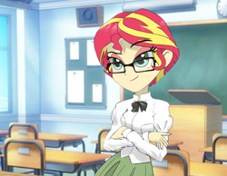 Size: 1832x1420 | Tagged: safe, artist:kencaldi, imported from derpibooru, sunset shimmer, human, equestria girls, alternate hairstyle, clothes, female, glasses, human coloration, humanized, katawa shoujo, school uniform, shizune hakamichi, short hair, solo, yamaku