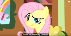 Size: 846x429 | Tagged: safe, imported from derpibooru, screencap, fluttershy, always works, dreamworks face, female, fluttershy's cottage, hub logo, meme, raised eyebrow, solo, youtube caption