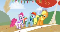 Size: 960x523 | Tagged: safe, edit, edited screencap, imported from derpibooru, screencap, applejack, fili-second, pinkie pie, rainbow dash, power ponies (episode), power ponies, running of the leaves