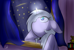 Size: 1600x1080 | Tagged: safe, artist:phuocthiencreation, imported from derpibooru, oc, oc only, pony, unicorn, bust, crepuscular rays, curtains, female, floppy ears, glowing horn, hoof on cheek, leaning forward, looking up, mare, night, night sky, sky, solo, starry night, window